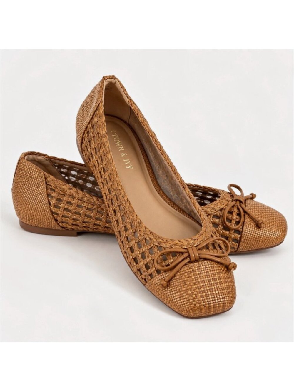 Crown & Ivy Womens Woven Raffia Ballet Flats Size 8 Tan Brown Bow Slip On Shoes